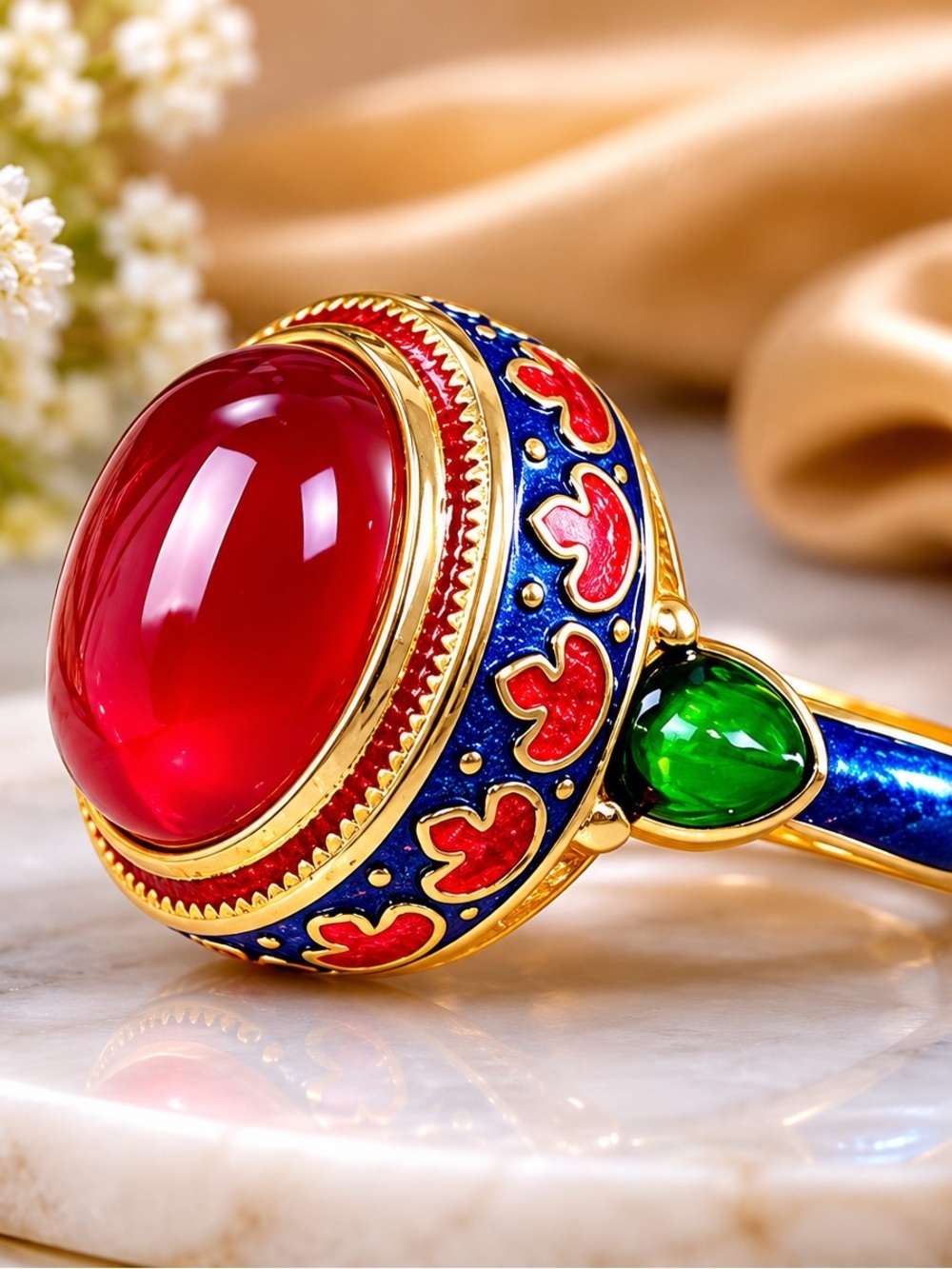 Vintage Enamel Statement Ring – Red Cabochon Gold Tone Cocktail Ring - Picture 1 of 4